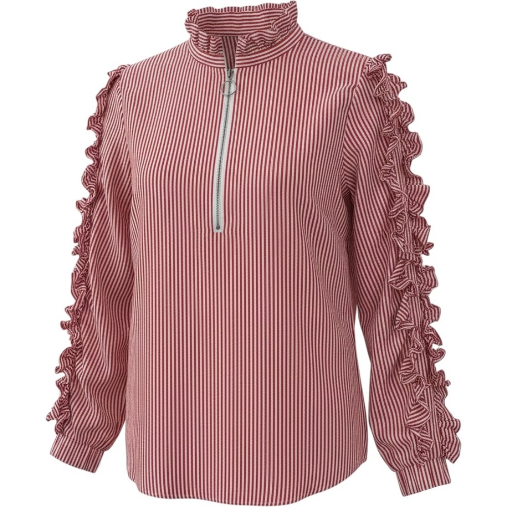 Greyson Long Ruffle Sleeve Blouse Womens Size S Red White Zipper Front